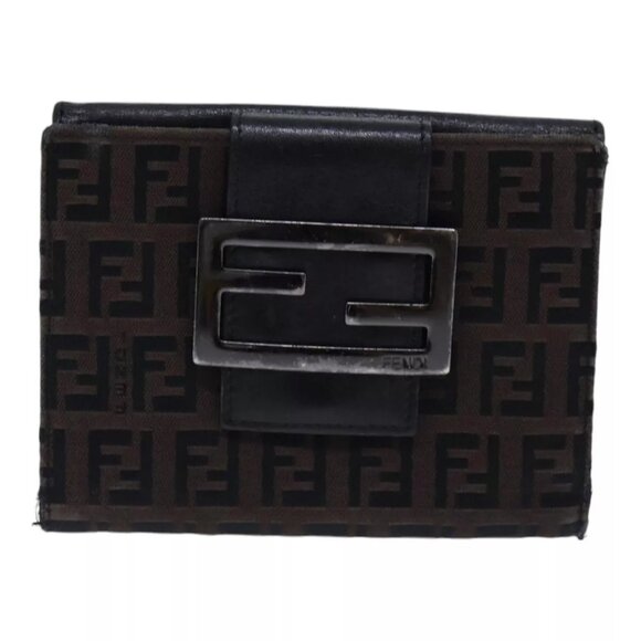 FENDI Zucchino Canvas Wallet Brown Silver Auth am - Picture 1 of 16